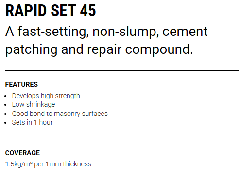 Dribond Rapid Set 45 patching and repair compound 20KG